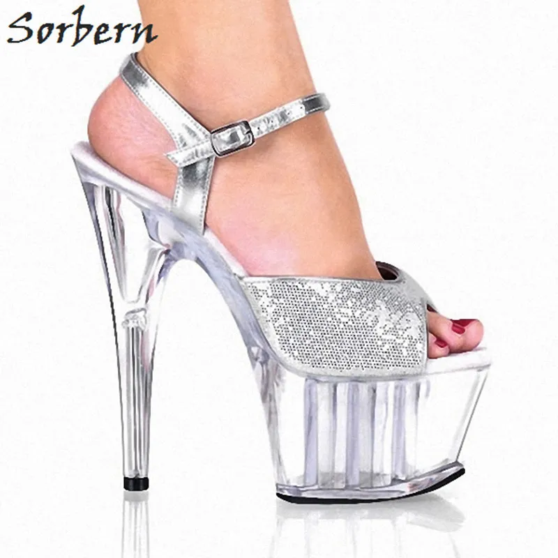 

Sorbern Silver Sequins Open Toe Heels Womans Shoes Fashions 2018 Clear Shoes 15Cm High Heels 5Cm Platform Thick Sole Custom