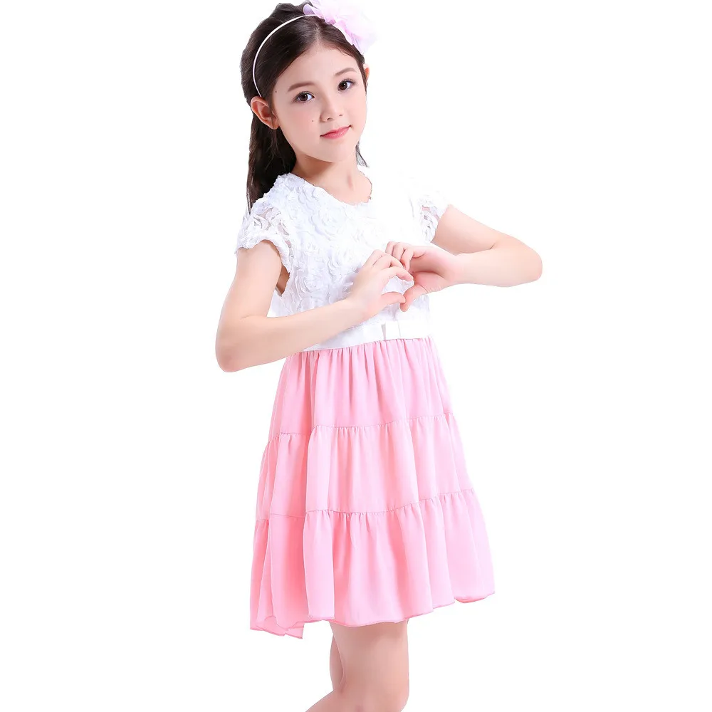 Fashsiualy Children Summer Princess Dresses Clothes For Kid Baby Girls Lace Solid Stitching Short Sleeve A-Line Dress | Детская одежда
