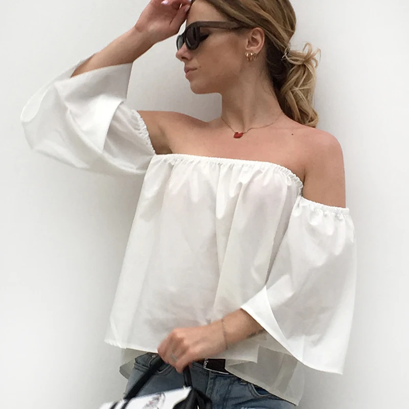 Женская шифоновая футболка с открытыми плечами белая или синяя однотонная