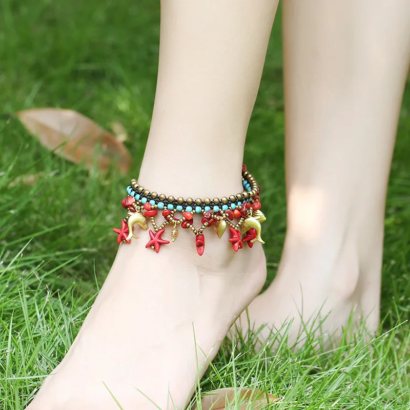 

New Bohemian Starfish Dolphin Beads Bell Anklets For Women Boho Stone Beads Sandals Chain Ankle Bracelet on the leg Foot Jewelry