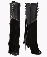 hot selling metal chains decoration black knee boots super stiletto high heels long tassels winter boots for woman size 35 42