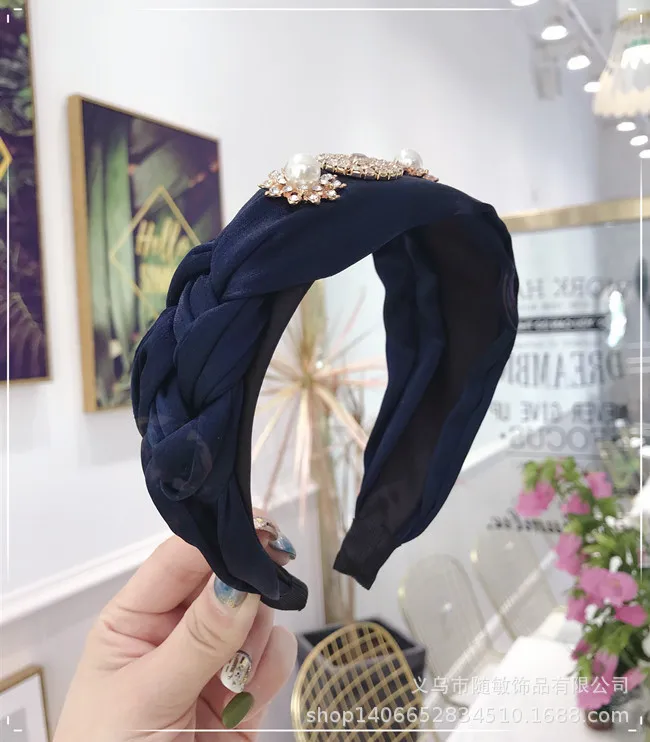Черный Корейский обруч для волос Schwarz Tuch Verknotet Kreuz Tie Breiten Stirnbander Fur Frauen Mode Schmuck имитация Perle Kristall Haar - Цвет: Черный