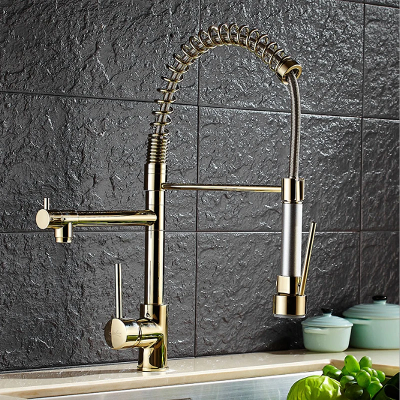 Plating Titanium Gold Pull Out Kitchen Faucet Mixer Multifunctional Water Tap 2 Outlet All Around Rotate Swivel L0156 | Строительство и