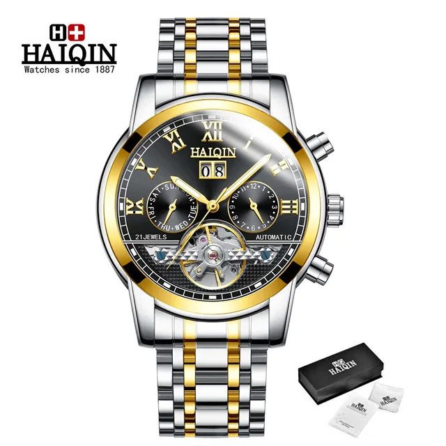 S-gold black Автоматические механические мужские часы Топ бренд HAIQIN Роскошные мужские часы бизнес турбийон военные мужские наручные часы Reloj Hombres - Цвет: S-gold black