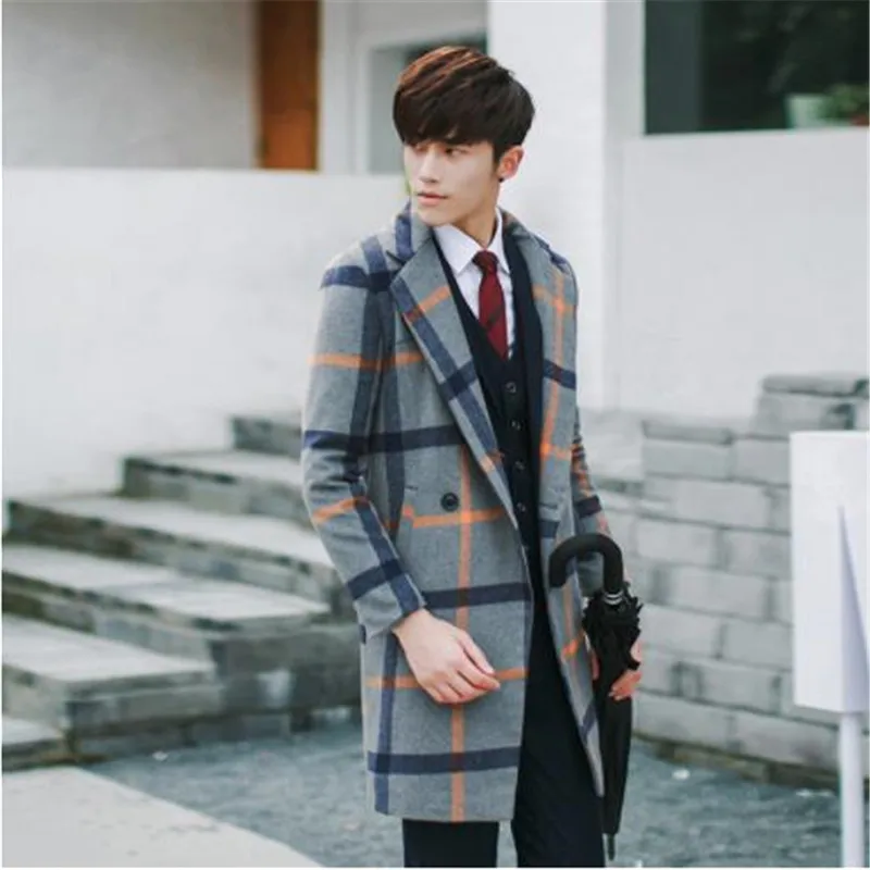 Корейская версия длинная кодовая ветровка Повседневная Клетчатая Мужская