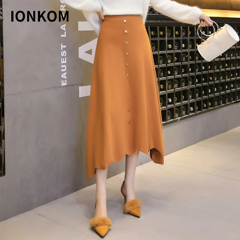 IONKOM Elegant Office Ladies High Elastic Waist Skirt Button Fly Irregular Hem Autumn Skirts Womens A Line Knitted Midi | Женская одежда