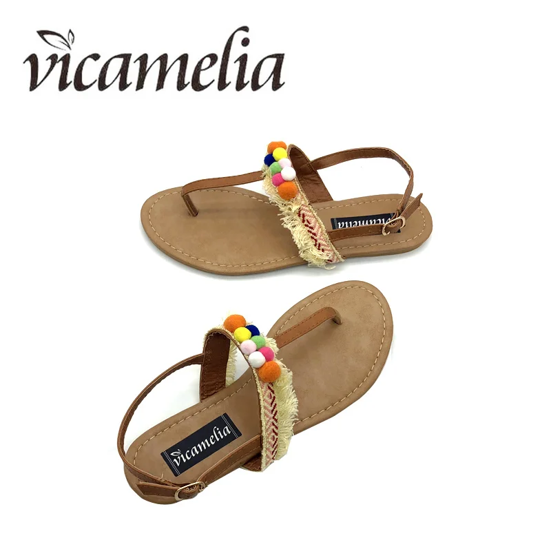 Vicamelia/женские летние сандалии на плоской подошве богемные пляжные вьетнамки с Т