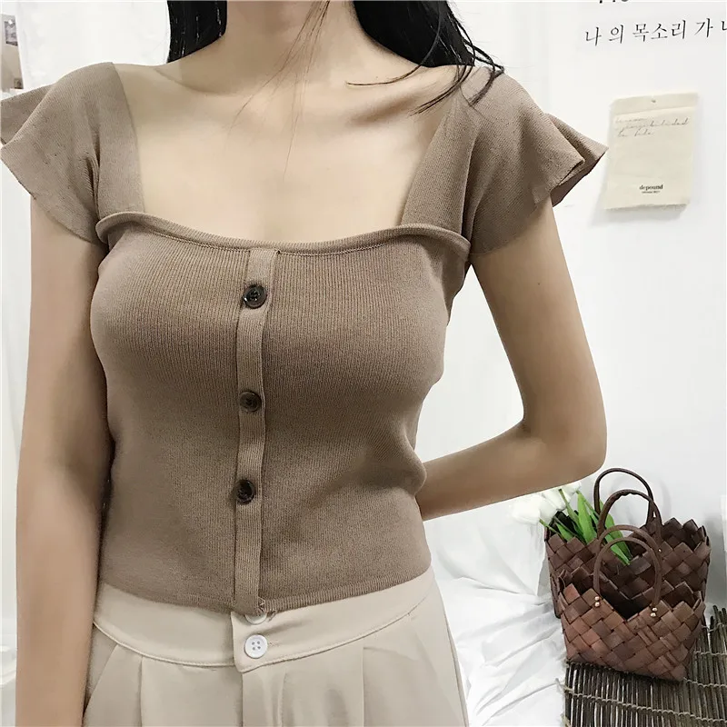 

Girls Knitted Ruffles Buttons Chic Camis Short Tops Sleeveless Shirts Female Stretchy Camisoles Tanks Crop Tops For Women