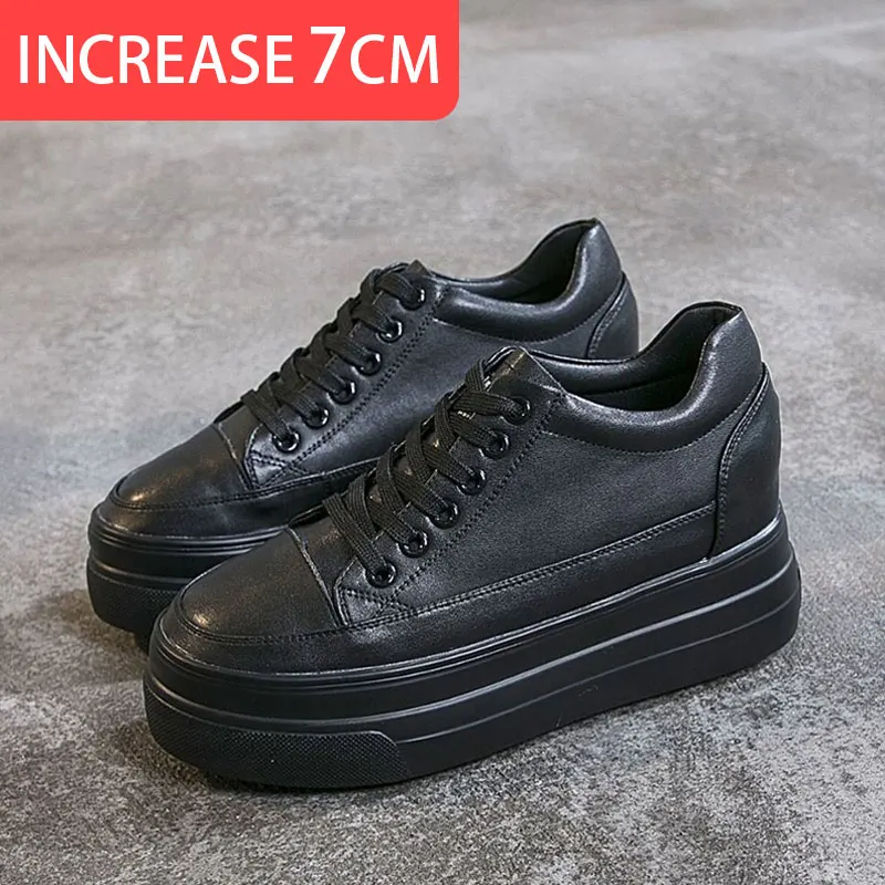 black simple Yiluan/женские белые туфли из натуральной кожи; кроссовки на платформе; коллекция года; сезон весна-осень; модная женская повседневная обувь черного цвета, увеличивающая рост - Цвет: black simple