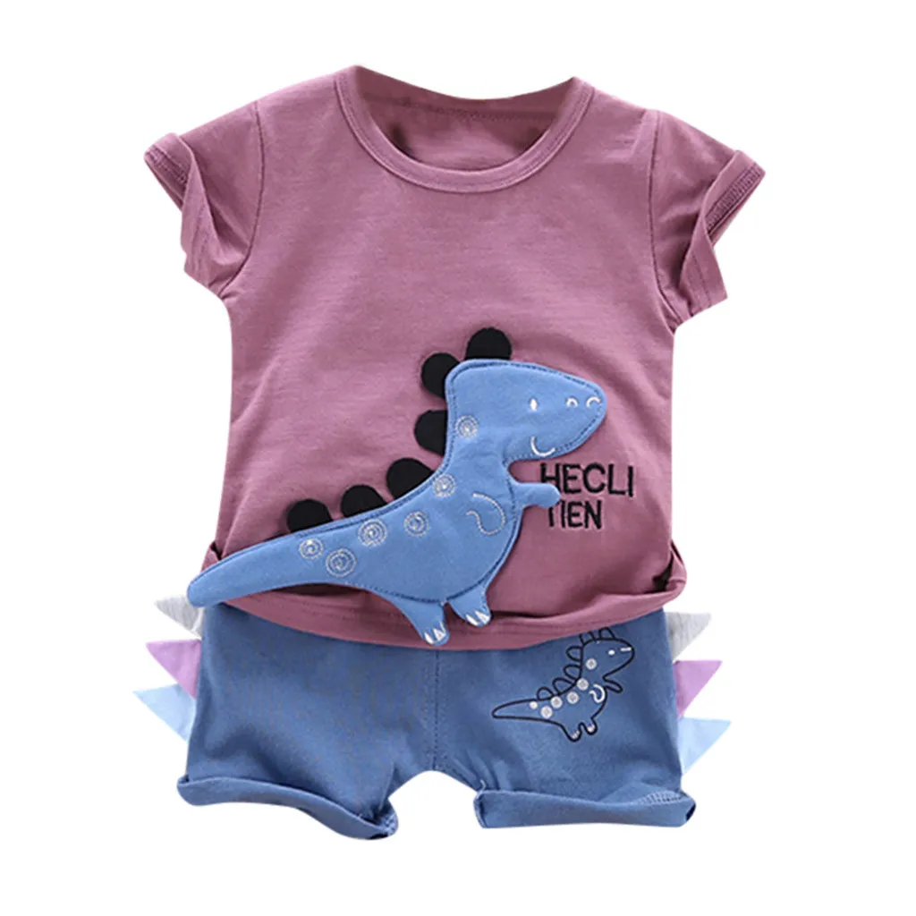Toddler Baby Boys Clothes Sets Summer Cartoon Letter Dinosaur Print T Shirt Tops+Shorts Newborn Girl Kids Outfits Suit | Детская одежда