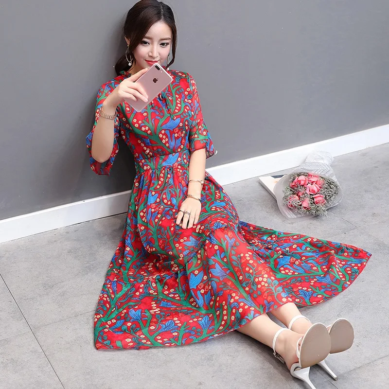 Женское платье из шифона с цветочным рисунком Лето 2017 г. корейский Тонкая талия