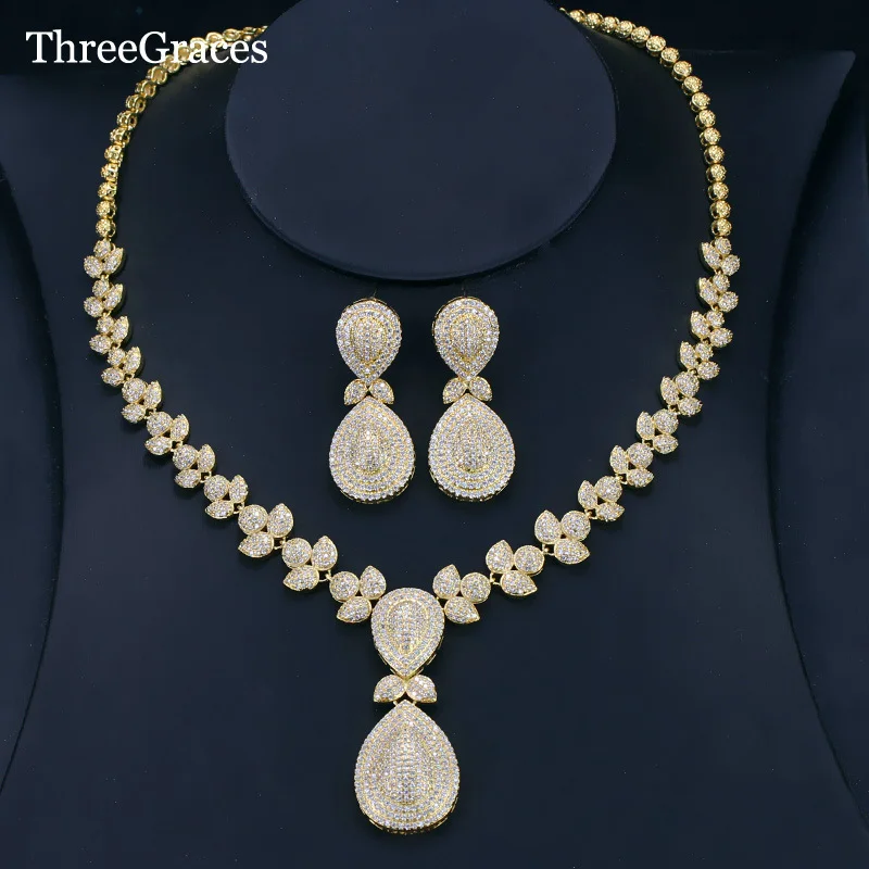 ThreeGraces винтажные светло-золотые дизайнерские кубические вставки из циркония большие жемчужные африканские Свадебные украшения наборы для женщин JS144