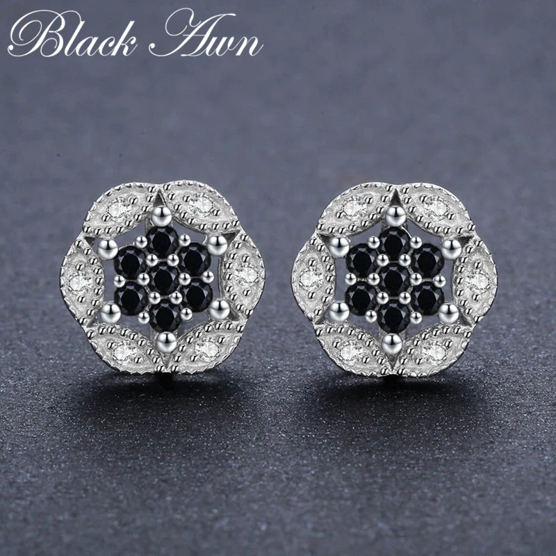 Серьги гвоздики женские из серебра 100% пробы с черной шпинелью|stud earrings|earrings forearrings