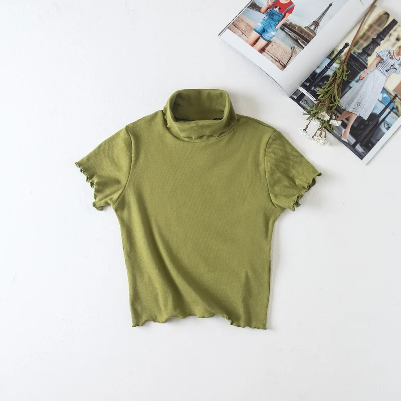 Для женщин Водолазка короткий рукав рябить отделкой Slim Fit футболка Crop Top