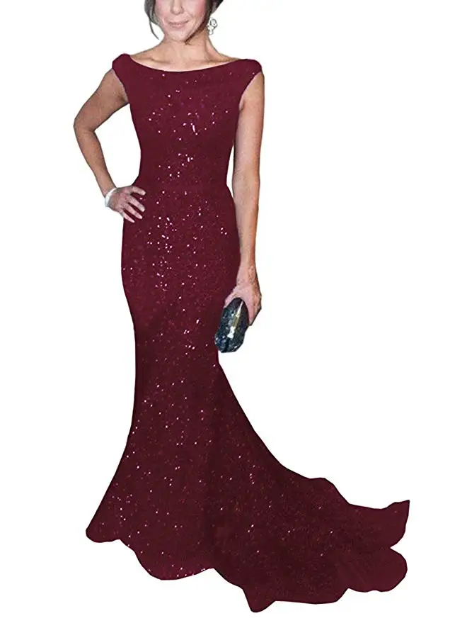 Solovedress ткань Кепки одежда в морском стиле с длинными рукавами с пайетками вечернее платье, с вырезом лодочкой, блестящие вечерние платья vestido de fiesta SLD-SLP9009 - Цвет: Burgundy