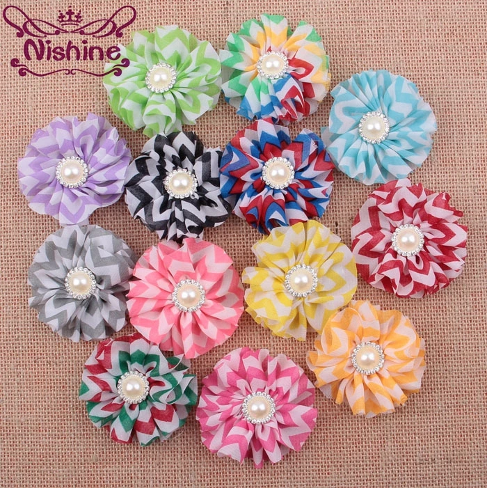 

Nishine 30pcs/lot 2.4" Chiffon Stripe Flower With Pearl Rhinestone Button Center For Kids Girl Headwear DIY Hair Accessory