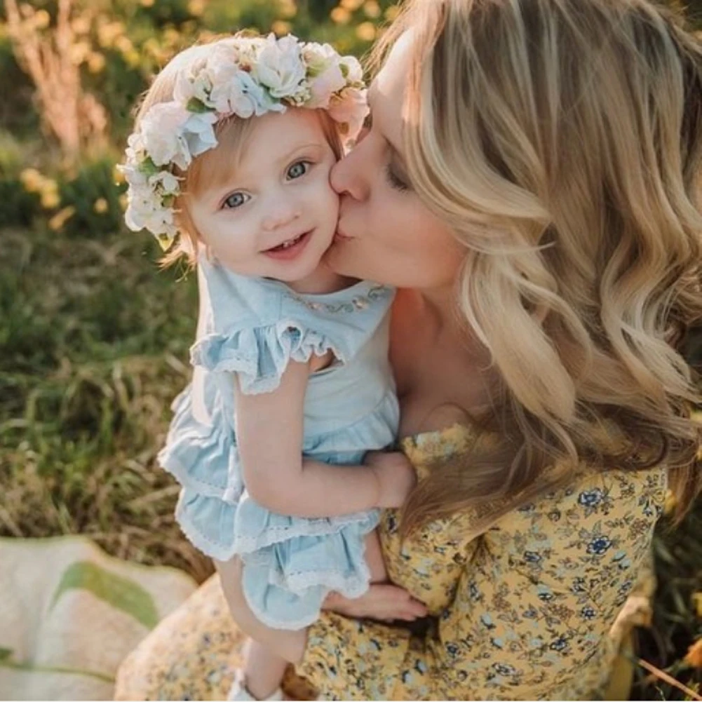 Baby Summer Clothing Sister Matching Outfits Girl Short Sleeve Flower Romper Dress Matching Layered Ruffled Outfit Set