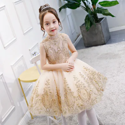 Gold Lace Dress Flower Girl Princess Sleeveless Party Wedding Dresses Toddler Kids Wear First Communion Gowns | Детская одежда и