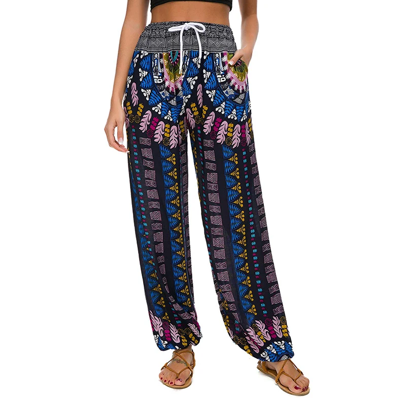 Женские брюки женские пляжные летние Свободные Boho Широкие с высокой талией