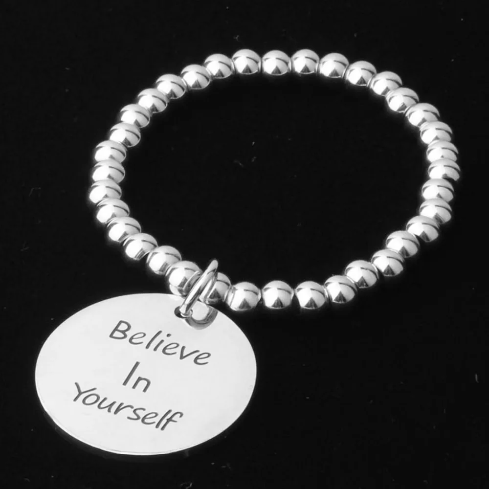 New Arrival Fashion Silver Stainless Steel Beaded Ball Handmade Bracelet &quotBelieve in Yourself&quot Round Charm 8mm7.5&quot | Украшения