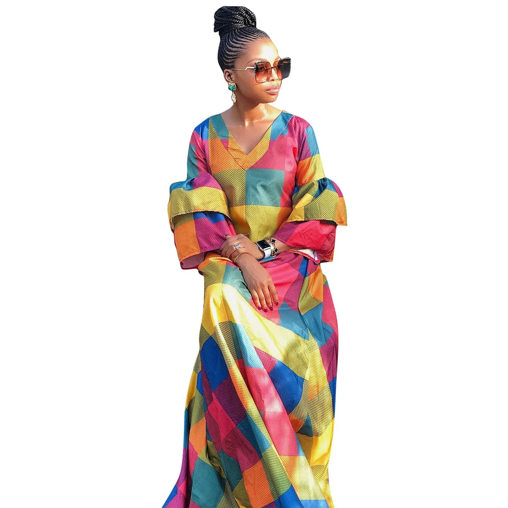 Платье женское длинное яркое с треугольным вырезом и рукавом фонариком|Женские