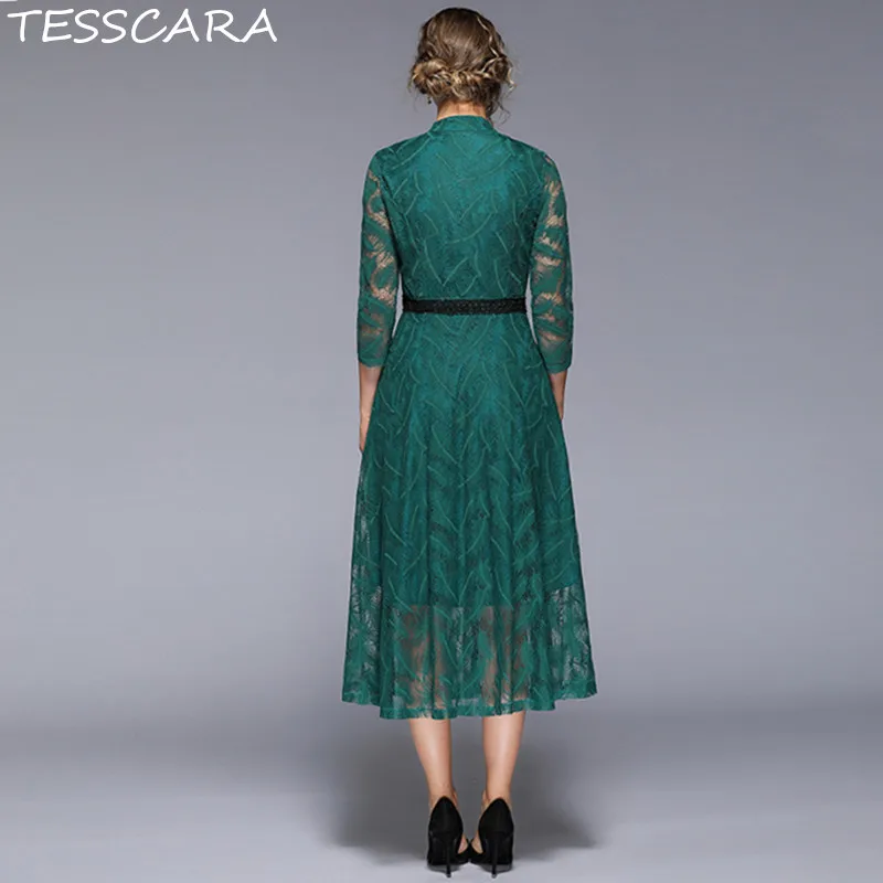 TESSCARA, женское Длинное Элегантное кружевное платье, рубашка, женские офисные вечерние платья, Femme, Винтажный дизайн, высокое качество, повседневные зеленые платья