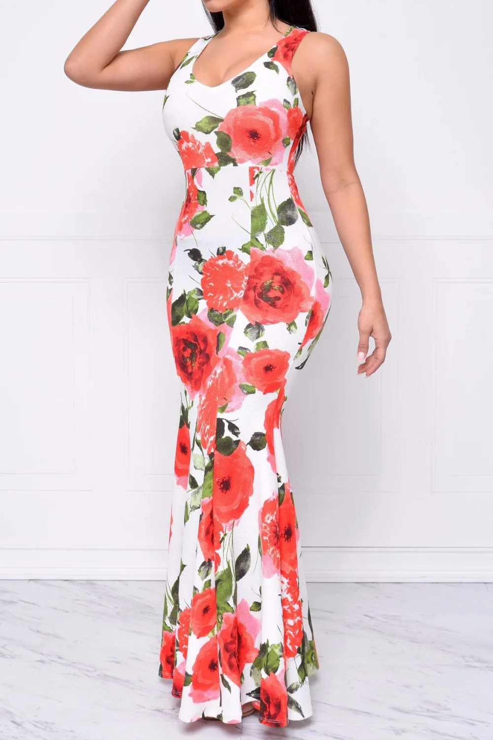 Цветочный принт v-образным вырезом шифон длинные dress женщины спинки 2017 maxi vestidos