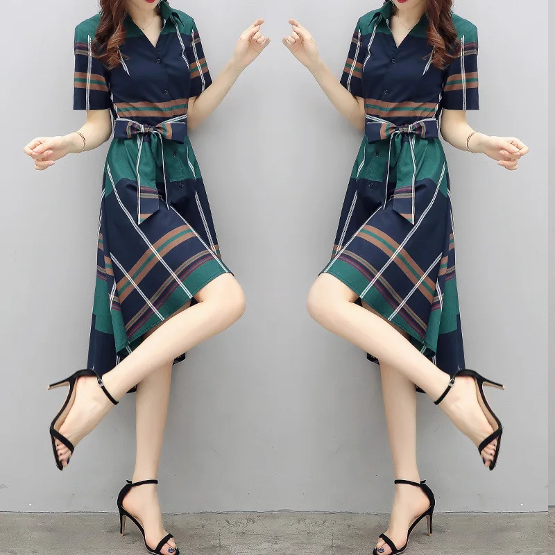 Office Ladies Fashion Dress 2019 Spring Summer Plus Size Women Vestidos De Verano Costume Green BigDress Plaid | Женская одежда