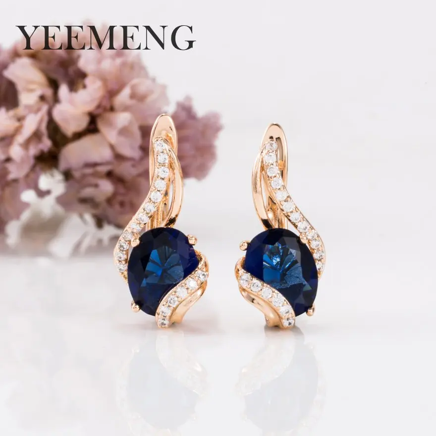 blue YEEMENG, новинка, круглые прозрачные серьги для женщин, натуральный циркон, для вечеринки, хорошее ювелирное изделие, 585, розовое золото, висячие серьги - Окраска металла: blue