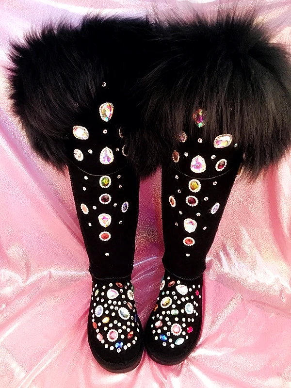 

Winter handmade luxury heavy duty rhinestones over the knee fur one skin fox fur foreign trade large size riding boots.