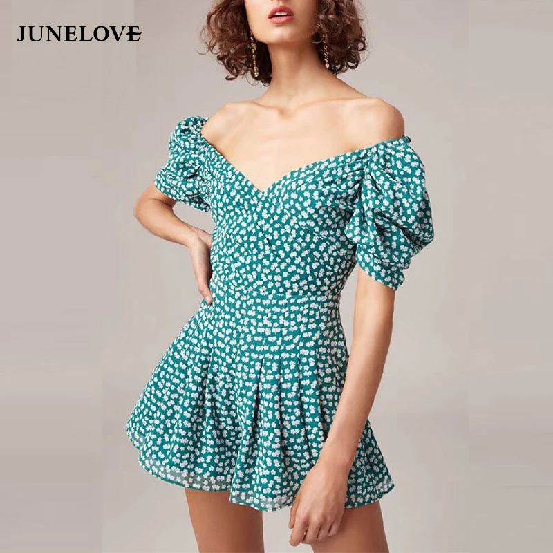 Винтажный пляжный комбинезон JuneLove в стиле бохо с рукавами фонариками и цветочным