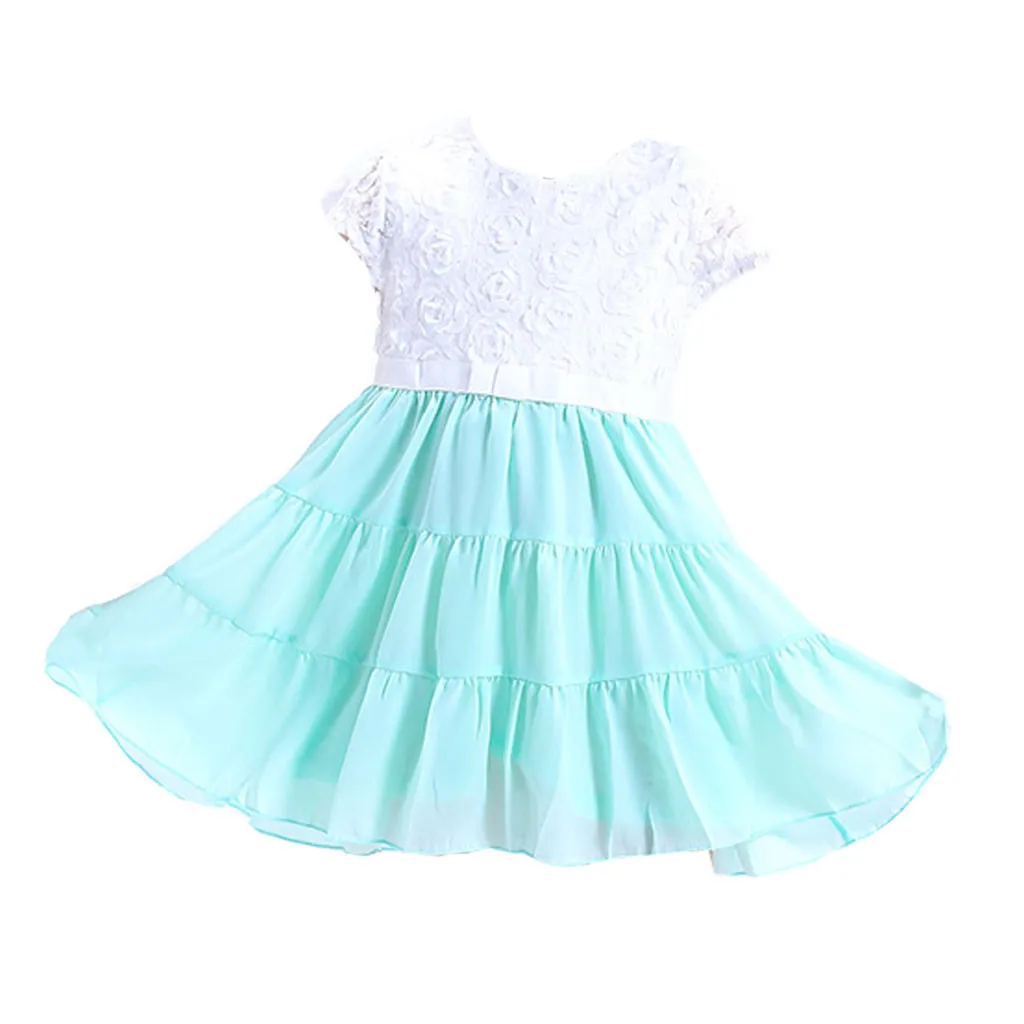 Fashsiualy Children Summer Princess Dresses Clothes For Kid Baby Girls Lace Solid Stitching Short Sleeve A-Line Dress | Детская одежда