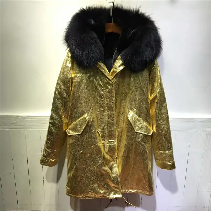 Длинная кожаная куртка золотистого цвета черная зимняя меховая парка на молнии с