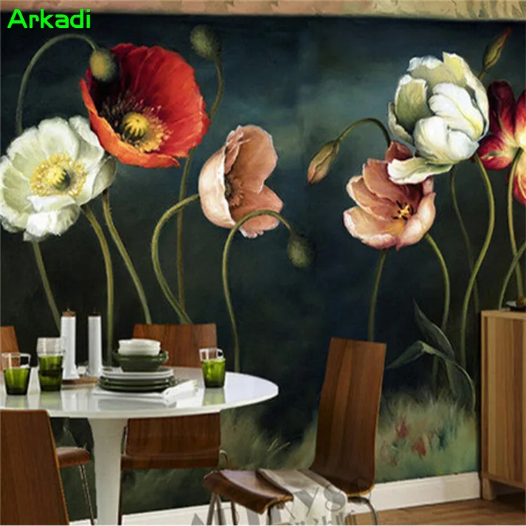 Custom mural bedroom wallpaper 3d photo home decor vintage fashion small floral poppy flower oil painting | Обустройство дома