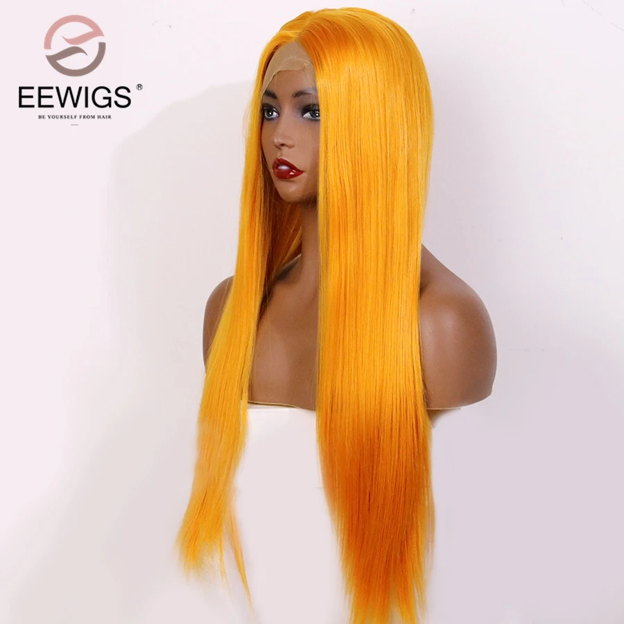 EEWIGS длинный прямой парик спереди бесклеевой оранжевый синтетический