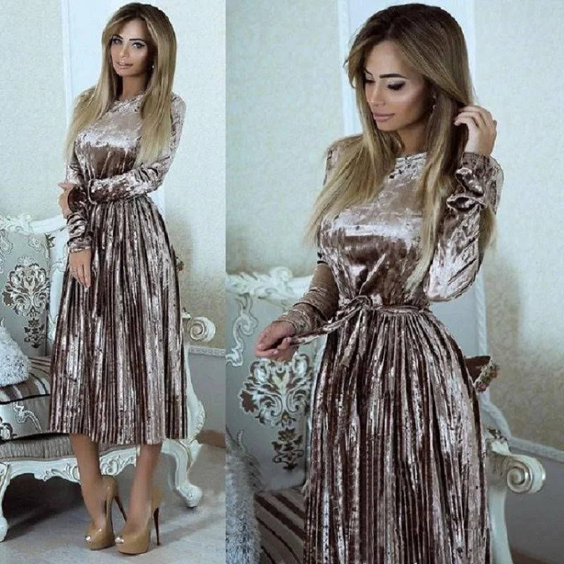 Spring pleuche Velvet Elegant Pleated Dress Women Robe Velours Vintage Belted Long Sleeve With Sashes | Женская одежда