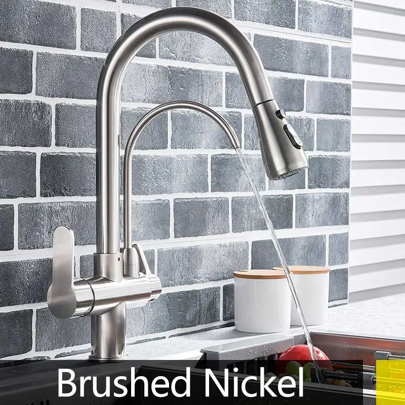 brushed nickel Хром/Матовый никель/черный смеситель для кухонной раковины очищенная вода 3 способа смеситель горячей и холодной воды Наполнитель кран двойная ручка выдвижной кран - Цвет: brushed nickel