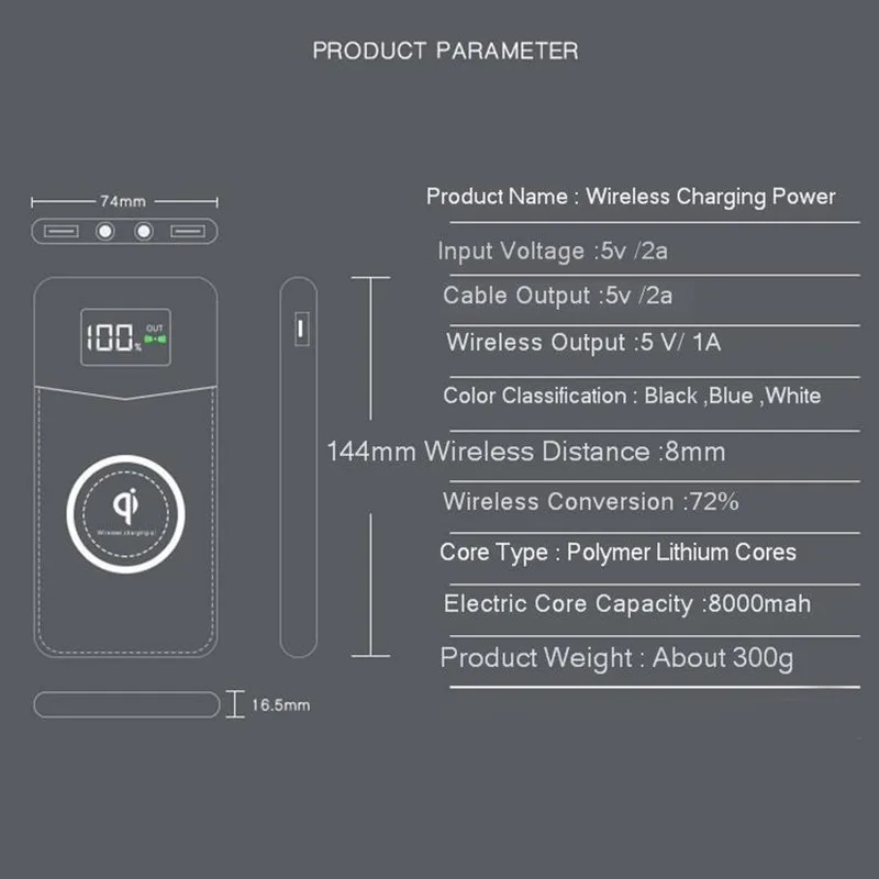Беспроводное зарядное устройство Vogek 8000 мАч QI внешний аккумулятор для iPhone Samsung с