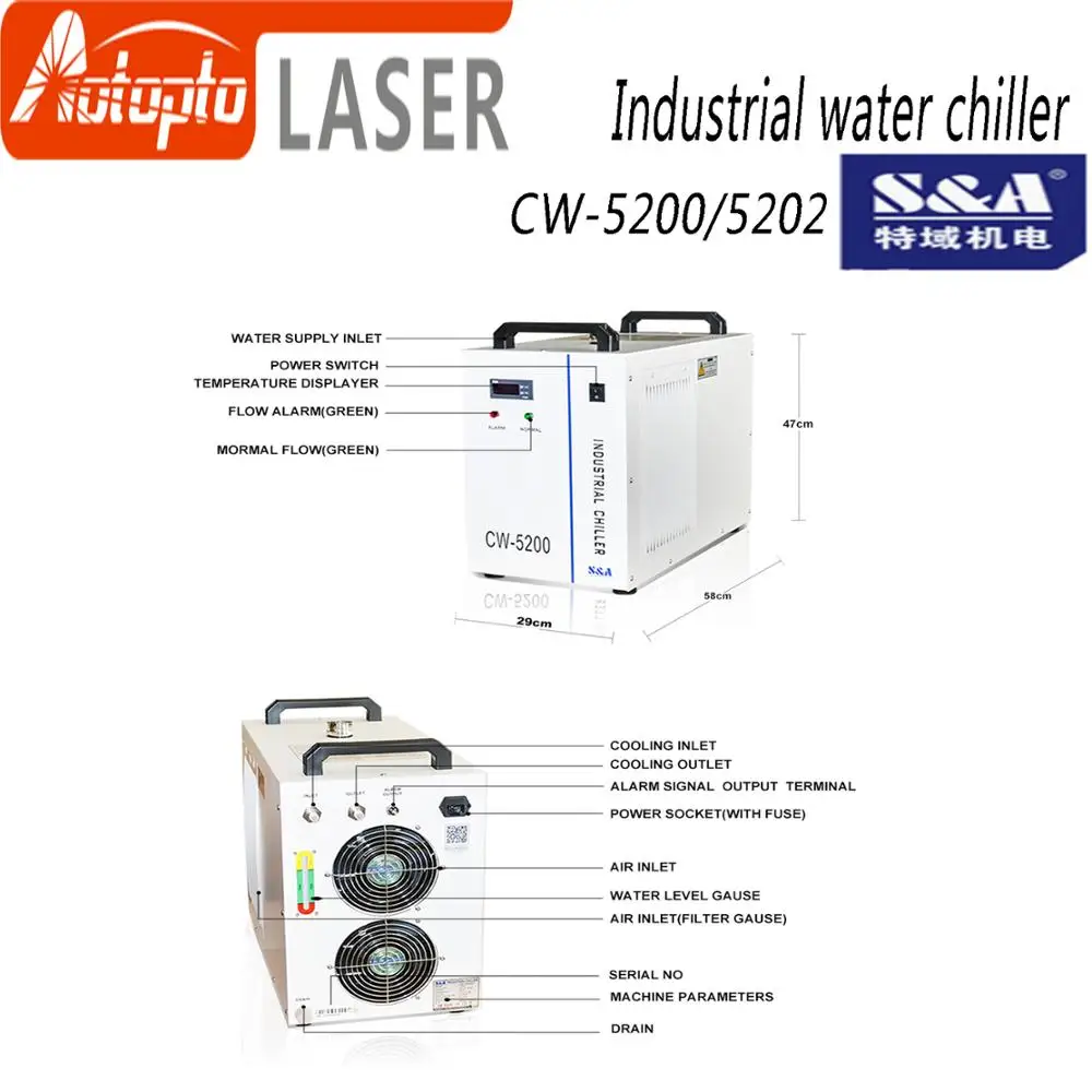 S & A CW5200 CW5202 промышленный воздушный водяной охладитель для CO2 лазерного станка