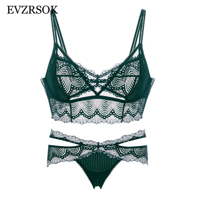 2019 Новое поступление бюстгальтер с вырезами зеленый вышивкой комплект нижнего