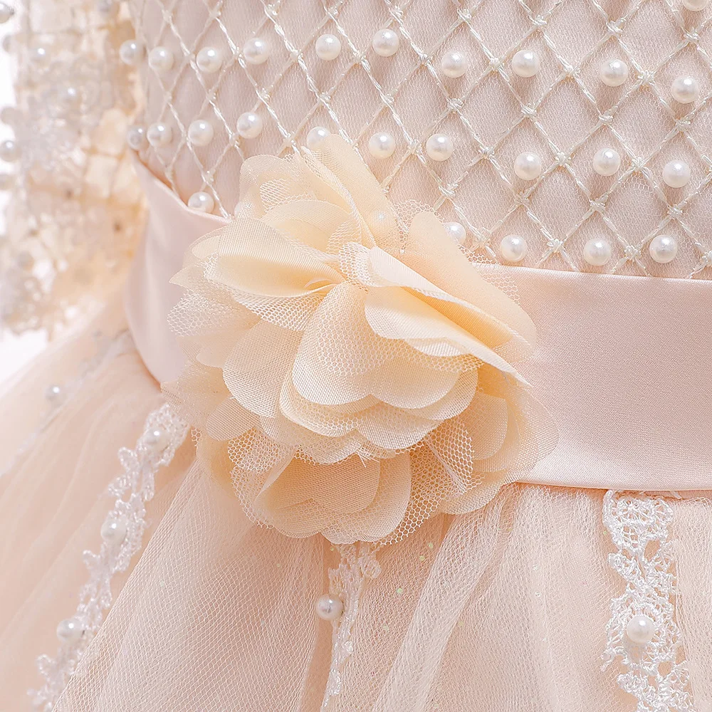

Fashion Ballgown Half Sleeves Champagne Flower Girl Dresses For Prom Eveing Tulle Kids Tutu Birthday Party Dresses
