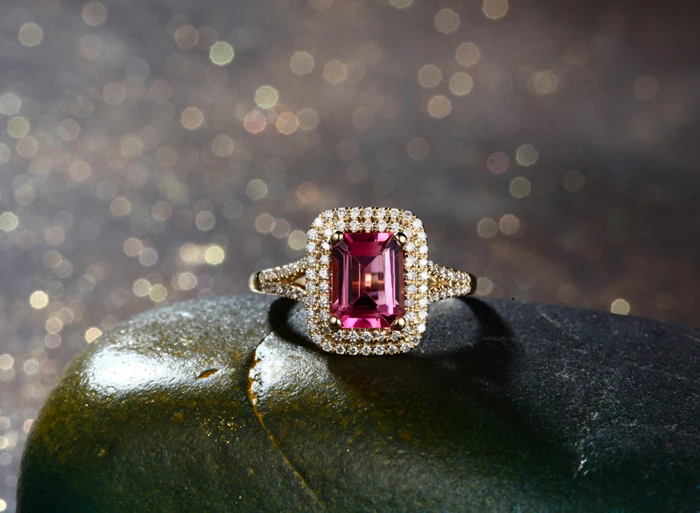 CaiMao 2.01ct кольцо для помолвки с натуральным розовым турмалином и 0.36ct алмазным 18k