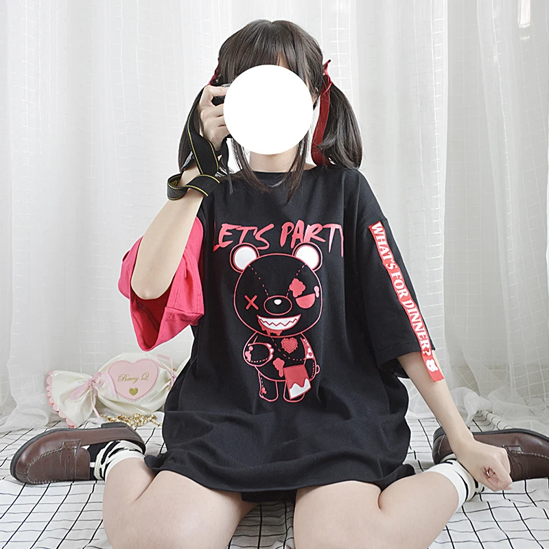 Японская милая Лолита Harajuku модная футболка в стиле панк с изображением медведя свободная женская уличная Готическая футболка с коротким рукавом топы футболки