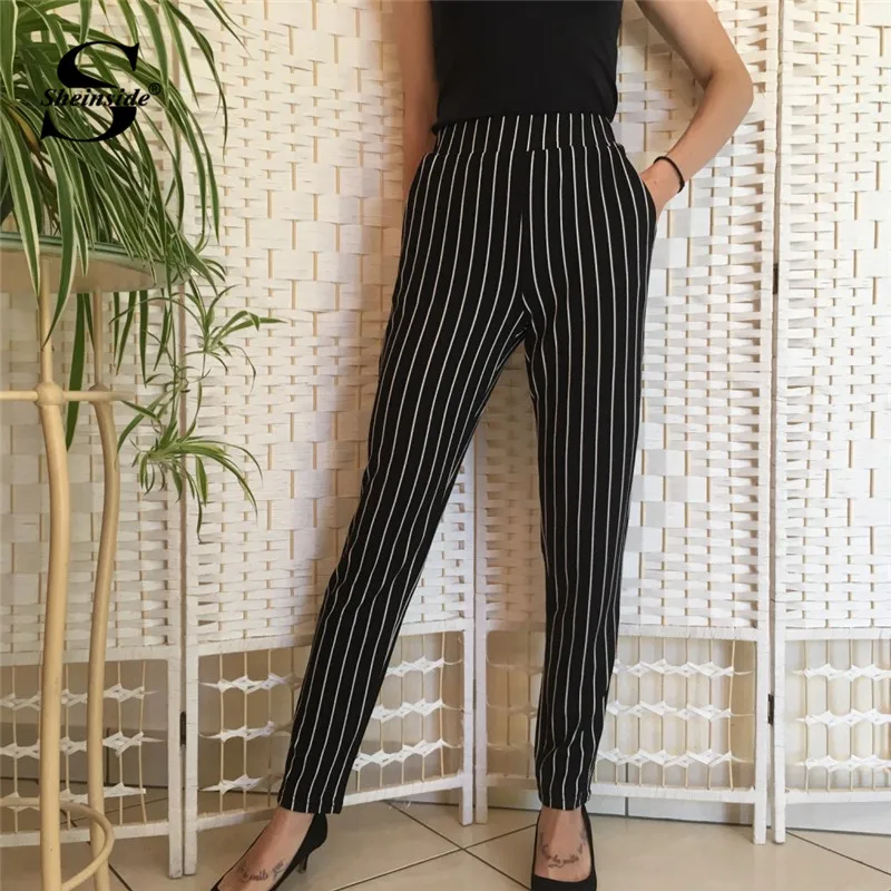 Sheinside, эластичный пояс, в тонкую полоску, брюки для сигарет, черные, средняя талия, зауженные, Морковные брюки, женские летние офисные штаны