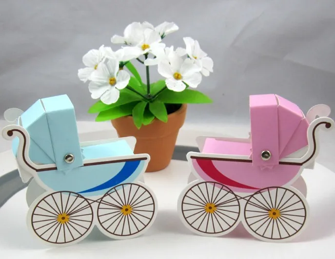 50pcs choose one color pink/blue/yellow baby carriage paper craft art candy box birthday party gift chocolate for kids shower | Дом и сад