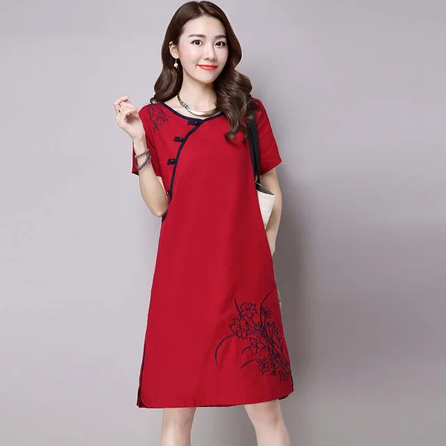 Wine red Мода летние женские платья в этническом стиле с коротким рукавом из хлопка и льна женское винтажное платье Чонсам с вышивкой Халат - Цвет: Wine red