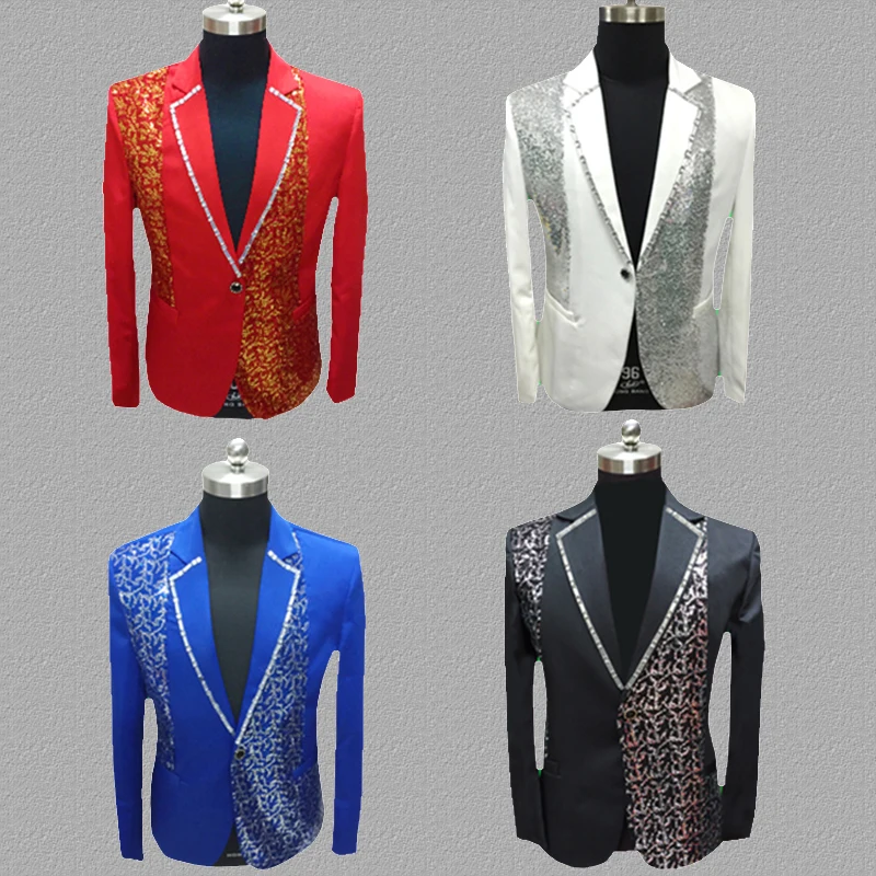 Sequins blazer men suits designs jacket mens stage singers clothes dance star style dress masculino homme black white red blue