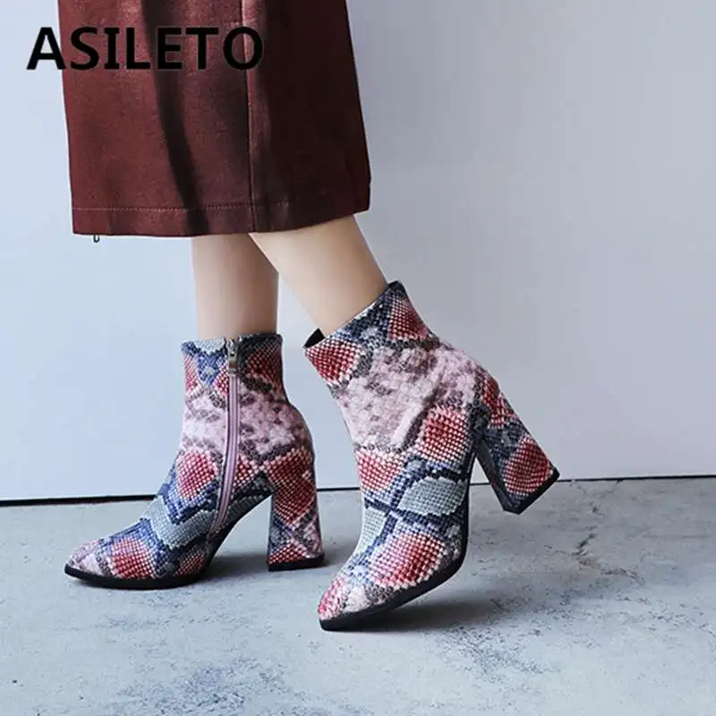 

ASILETO size 43 Print Snakeskin Booties Women Ankle Boots Zip Pointed Toe Footwear Thick High Heels Female Chelsea Boot botas