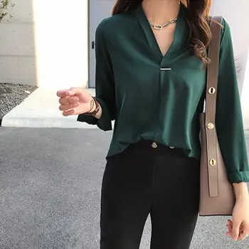 office Lady Chiffon Blouse Shirt Summer Blouse Tops Long Sleeve V Neck Female Blouse 1