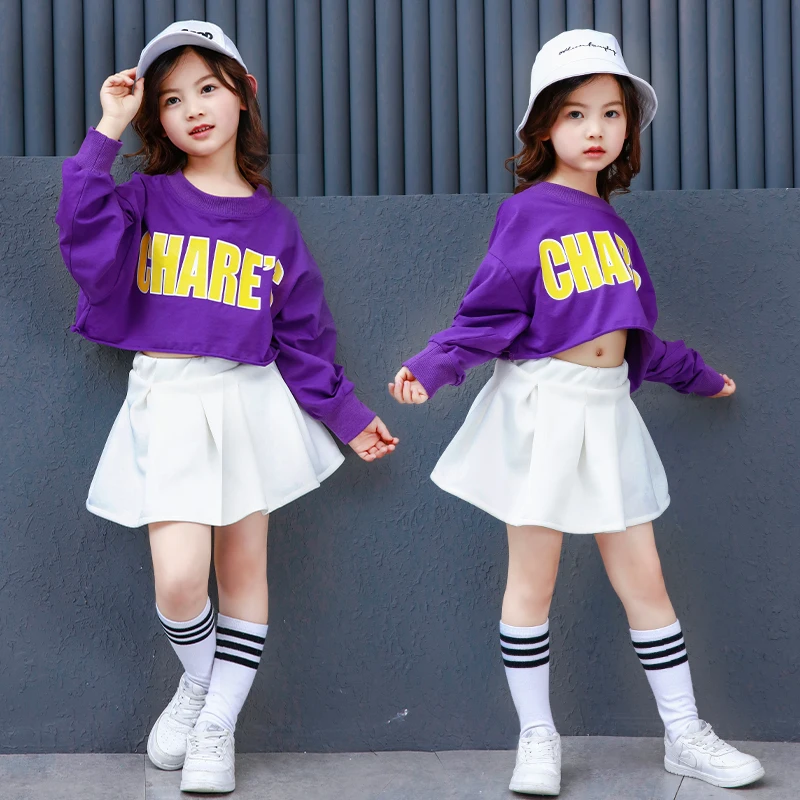 children girl hiphop costume street dance jazz purple bat swing-sleeved T-shirt skirt for Performance stage wear | Тематическая
